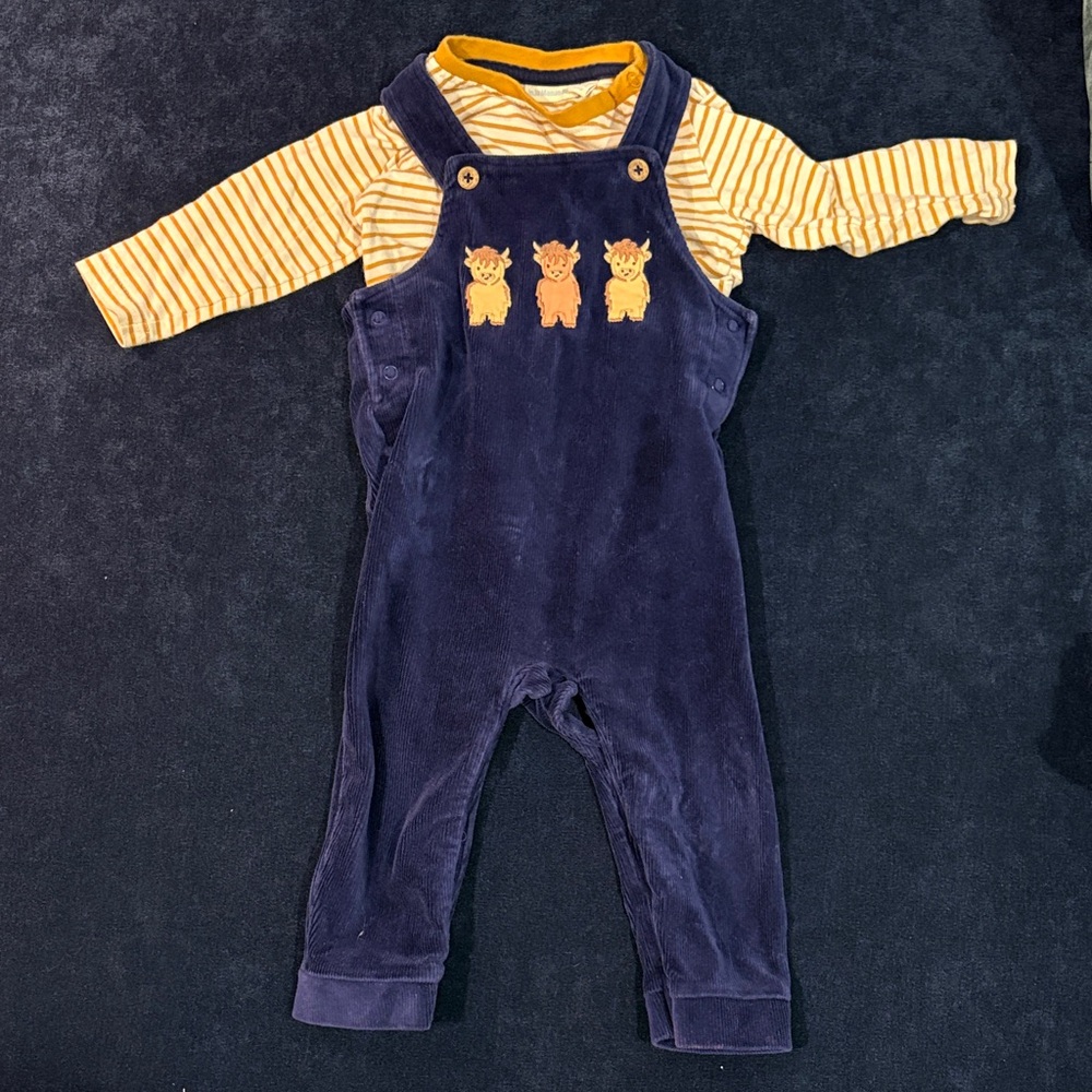 JoJo Maman Bebe Navy Overalls with Yellow Striped Top
